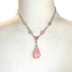 Genuine Pink Gem Necklace 16” Silver-tone Chain Y Style